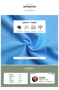 Close-up of sky blue cotton T-shirt fabric texture and detailed size chart infographic