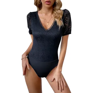 Chic black lace bodysuit featuring a deep V-neckline and short sleeves for a stylish look