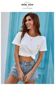 Detail of white cotton T-shirt featuring pink perfume bottle print and denim shorts