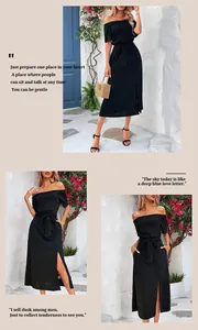 Detail of a black off-shoulder midi dress featuring a side slit and waist tie detail
