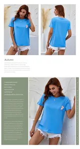 Detail of sky blue cotton T-shirt featuring a delicate floral print on the chest