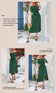 Detail view of dark green off-shoulder midi dress featuring waist belt and front slit