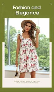 Detail of summer mini dress featuring red rose print and ruffled strap design