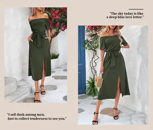 Detail of dark green off-shoulder dress featuring waist tie and side split design