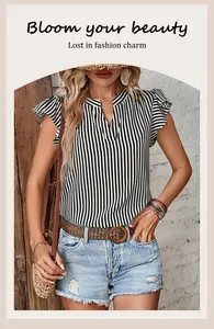 Detail shot of black and white vertical striped blouse with ruffled sleeves and V-neckline
