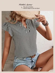 Close-up of a striped V-neck sleeveless top with ruffle sleeves and blue denim shorts