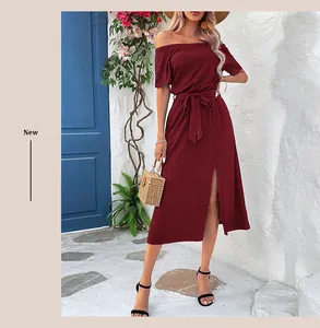 Detail view of burgundy off-shoulder midi dress with side slit and waist tie detail