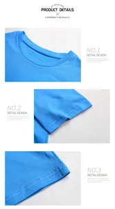Detail of blue cotton T-shirt showing ribbed neckline and double-needle stitched seams
