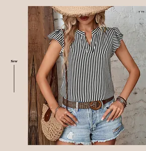 Detailed view of the V-neckline and ruffled cap sleeves on a striped summer blouse