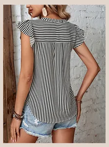 Detailed back view of striped ruffle sleeve blouse with vertical and horizontal contrast