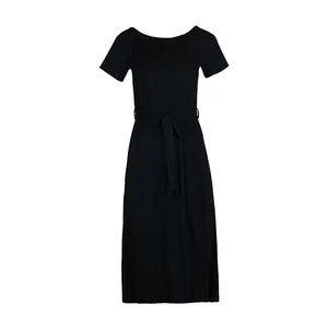 Detailed view of women's black off-shoulder midi dress with waist tie and soft fabric