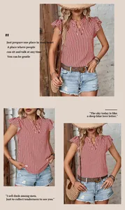 Close-up of red and white striped summer top with ruffle sleeves and V-neck detail