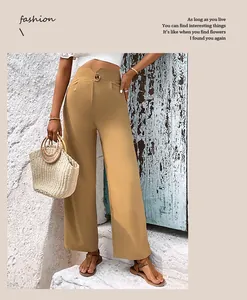 Close-up of high-waist khaki wide-leg trousers featuring a matching button detail