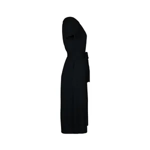 Side view of black off-shoulder midi dress with waist belt and side slit detail