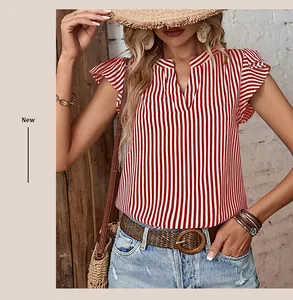 Detail of red and white striped sleeveless shirt with ruffle sleeves and stand collar