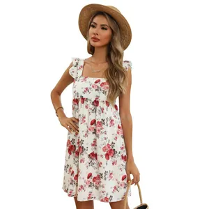 Women's summer floral dress with ruffle straps and square neck in red and white print
