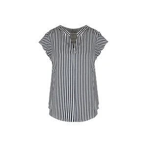 Detail of V-neckline and ruffle cap sleeves on women's striped summer blouse