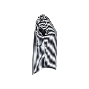 Side view of striped sleeveless shirt with ruffle sleeves and irregular hem detail
