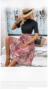 Détail d'une robe trapèze avec jupe à motif paisley et haut côtelé noir élégant