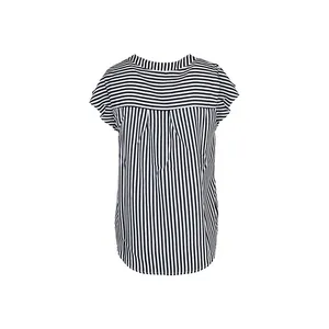 Detailed back view of striped sleeveless shirt featuring horizontal and vertical stripe patterns