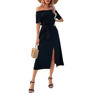 Women's black off-shoulder midi dress with front slit and waist tie for summer style