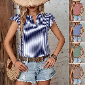 Women Summer Striped Blouse Ruffle Fly Sleeve Stand Collar V Neck Casual Elegant Office Polyester Shirt Fashion Tops