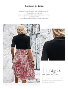 Détail de robe trapèze avec haut noir et jupe plissée rouge à motif cachemire élégant