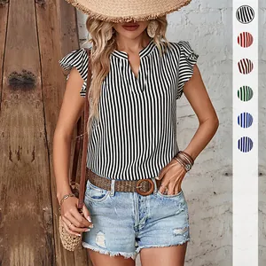 Summer striped V-neck sleeveless blouse with ruffle flutter sleeves and casual fit style