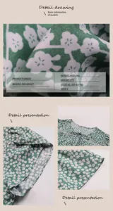 Detail view of green floral dress fabric and tie neckline with model size info