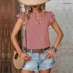 Summer red and white striped sleeveless top with v-neckline and flutter sleeve details