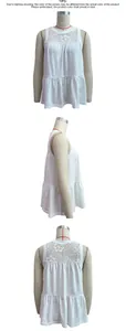 Detailed view showing sleeveless white lace拼接 top with ruffled hem from multiple angles