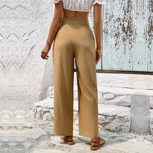 Women's high waist straight-leg cotton linen trousers in khaki with a natural back view