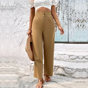 Elegant high-waisted khaki cotton linen straight-leg trousers with unique V-cut waist