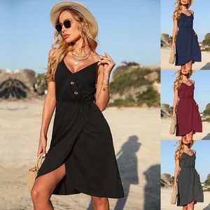 Robe à Bretelles Col en V pour Femmes Avec Boutons Poches Taille Haute Ourlet Asymétrique Sans Manches Polyester Casual Été