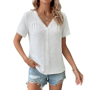 Women's summer white short sleeve blouse with V-neckline and delicate lace patchwork