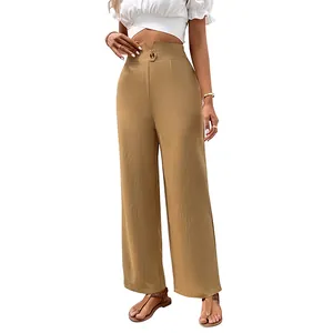 Women's high waist straight wide leg khaki trousers with a stylish V-cut waist design