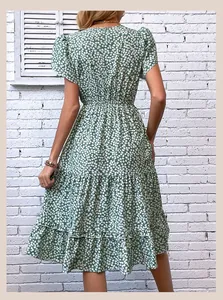 Back view of a green floral summer dress with puff sleeves and ruffled tiered hem