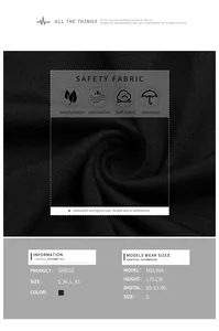 Vue détaillée du tissu respirant de la robe noire en A avec tableau des tailles et mesures