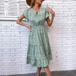 Women Summer Ditsy Floral Midi Dress Polyester Ruffle Short Sleeve V Neck Tie Elastic Waist Tiered A-Line Sun Dress