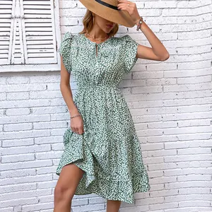 Green floral summer dress with ruffled sleeves and elastic waist for a casual look