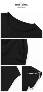 Détails de la robe t-shirt noire avec col rond et dentelle blanche sur les manches pétales