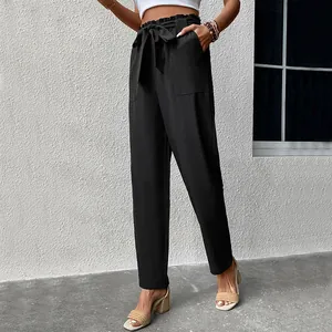 Women's high waist black trousers with paperbag waist and matching tie belt