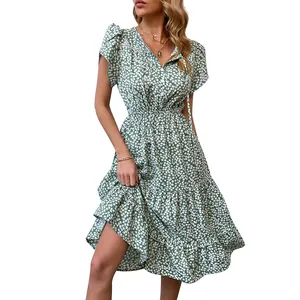 Summer green floral V-neck dress with butterfly sleeves and tiered ruffled hem