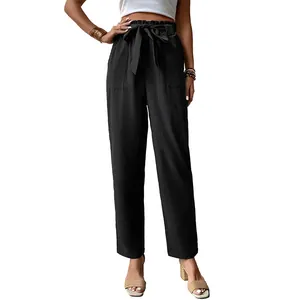Women's black high waist straight leg trousers with paper bag waist and large pockets