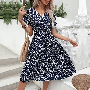 Robe Midi Bleu Marine à Col en V pour Femmes Imprimé à Pois Manches Courtes Été Taille Nouée Casual Vacances Plage Robe