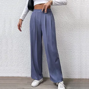 Pantalon Large à Taille Haute Décontracté pour Femmes Pantalon Long Plissé Texture Nervurée Coupe Ample pour le Quotidien