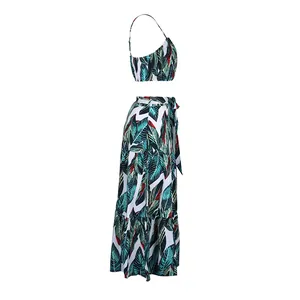 Side view of floral two-piece summer set with crop top and high-waisted maxi skirt