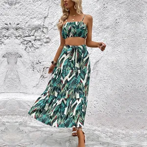 Women's summer tropical leaf print two-piece set with crop top and high waist maxi skirt