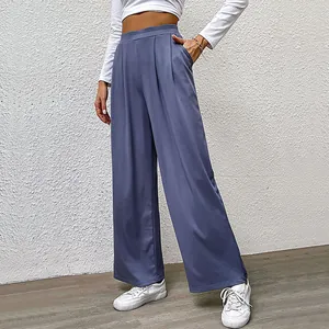 Pantalon large taille haute pour femme bleu poudré avec plis élastiques et poches