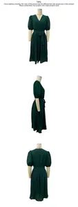 Three-sided view of a dark green V-neck pleated midi dress with puff sleeves and tie waist